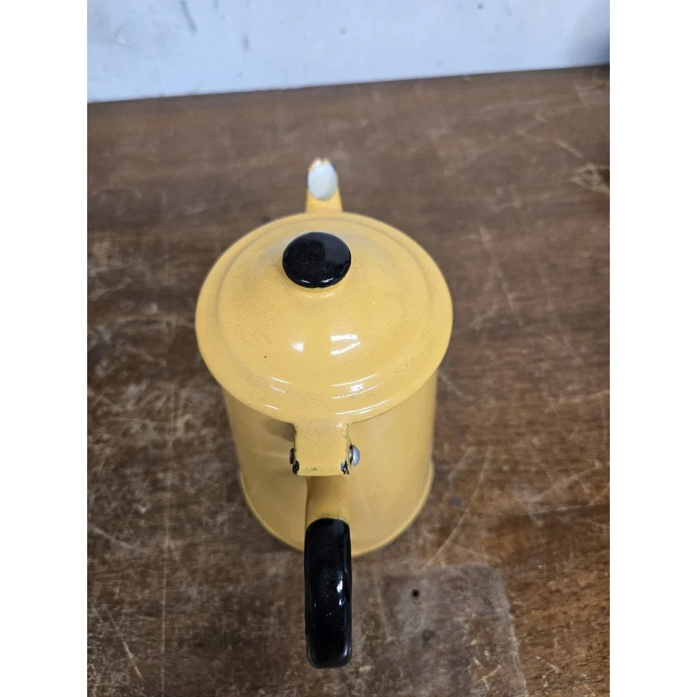 Vintage Huta Silesia Poland Yellow Enamelware Coffee Pot Kettle Black Trim